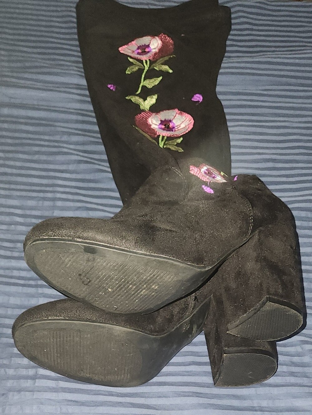 Carlos Santana Quality Black Floral Embroidered Over The Knee Boots, Size 7.5 - Picture 5 of 5
